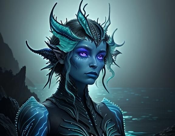 Bioluminescent Amphipioid Woman in Misty Waters