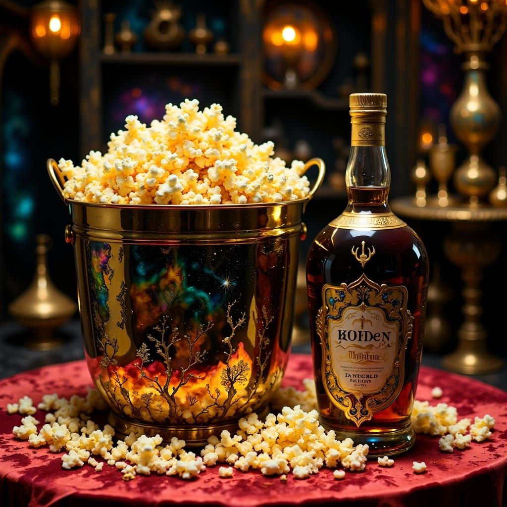 Popcorn and Rum Still Life in Hyperkraximalistic Style