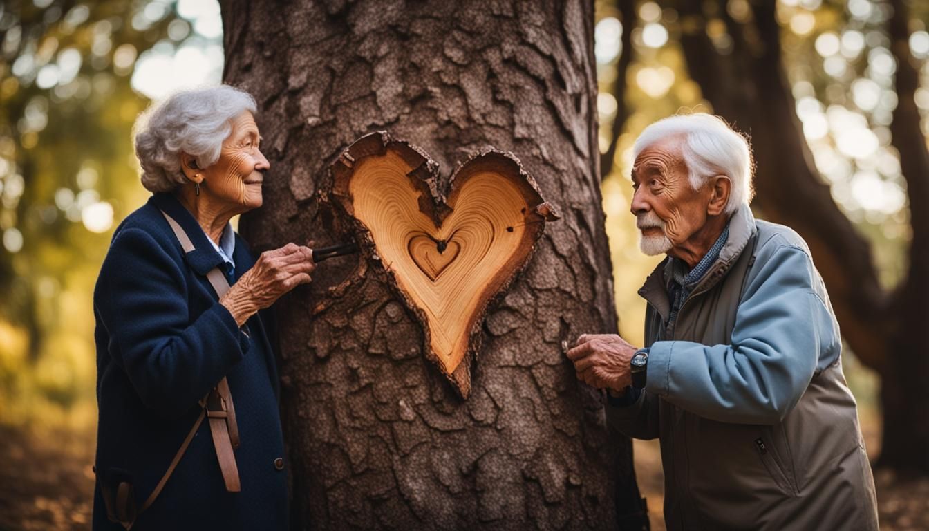 Elderly Couple and Carved Heart on Tree