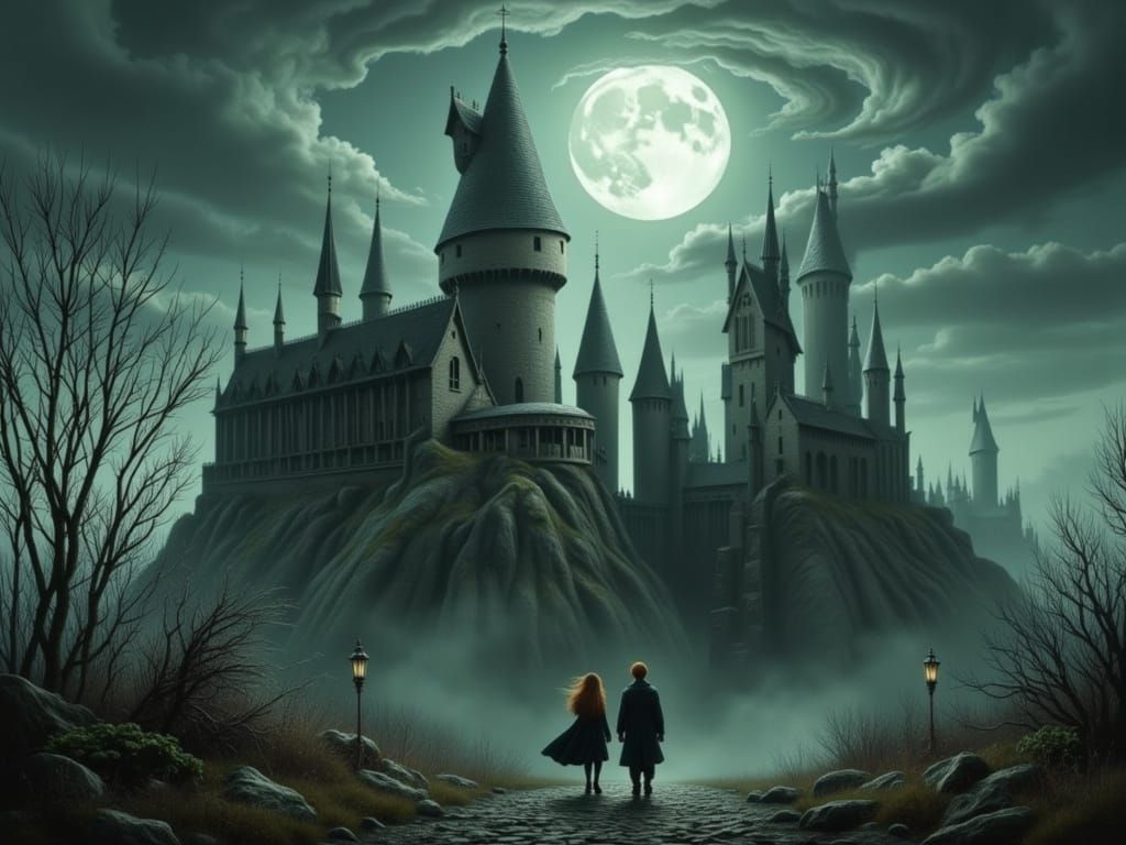 Hogwarts in Tim Burton Style with Eerie Glow