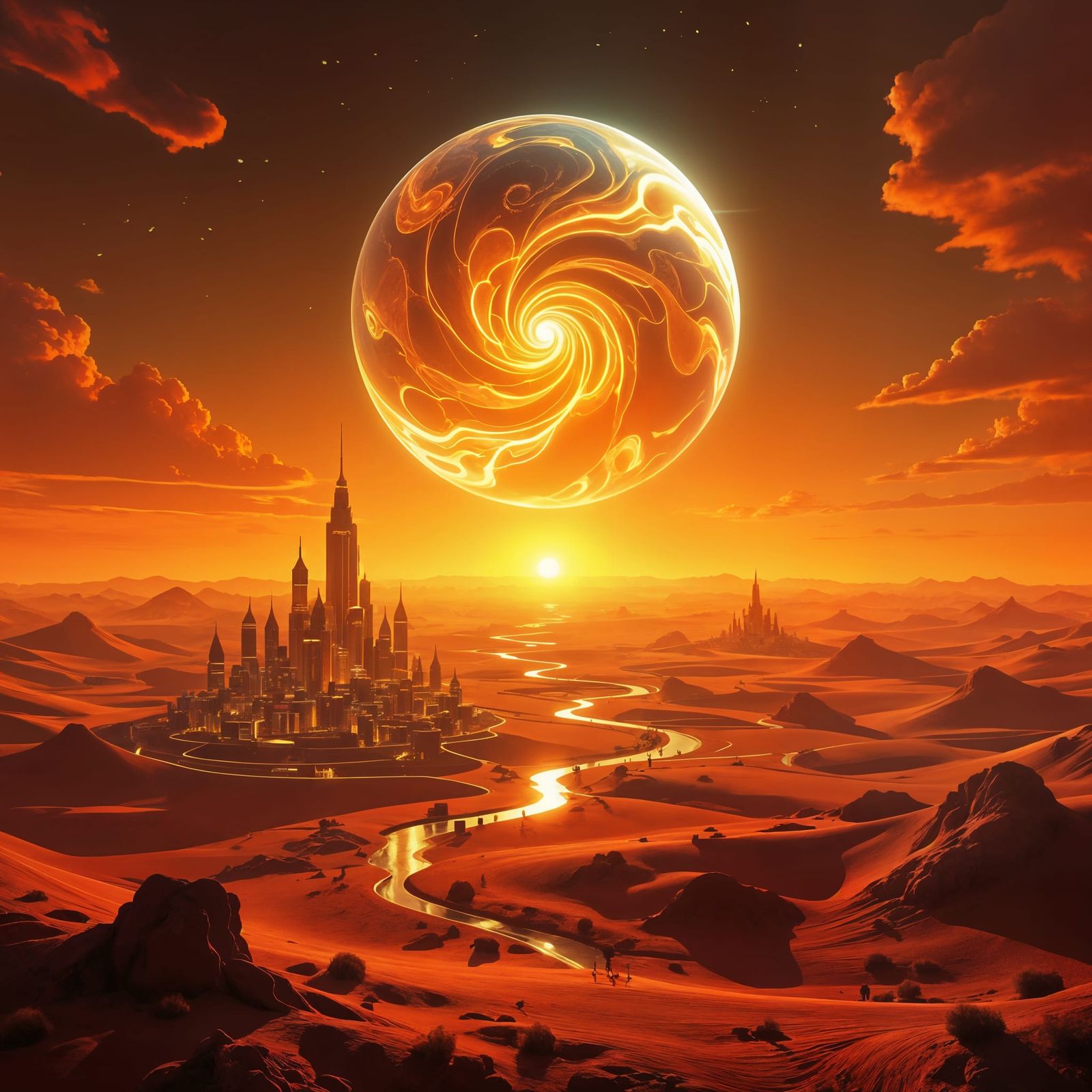 Psychedelic World in Warm Colors with Sky Worms