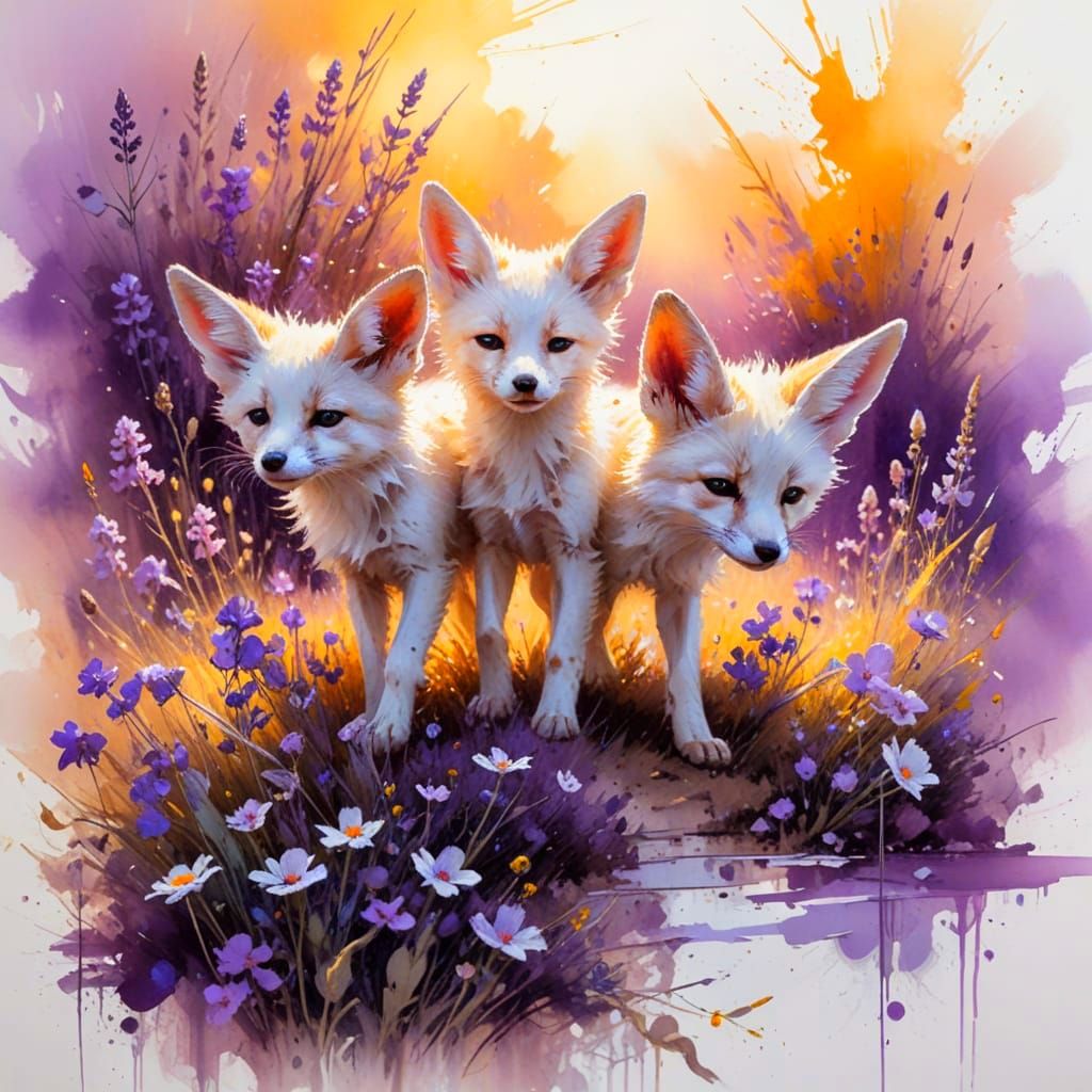 Fennec Fox Pups in Violet Wildflower Field
