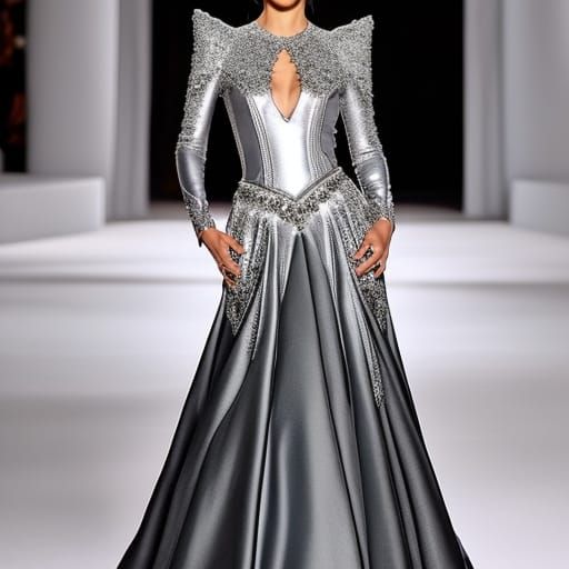 Angelic Silver met gala gothic dress with decorated with pearls& gothic vibes& ethereal vibes& shimmery vibes& luxurious...