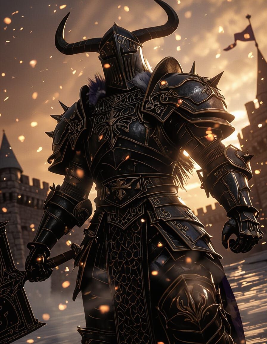 Majestic Knight in Ornate Armor with Volumetric Lighting