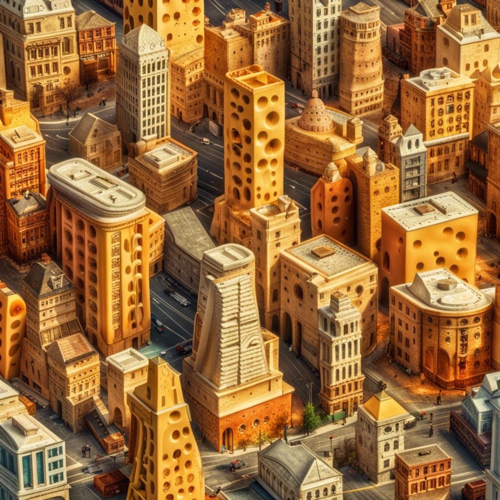 Hyperrealistic Cheese Cityscape in Ultra HDR