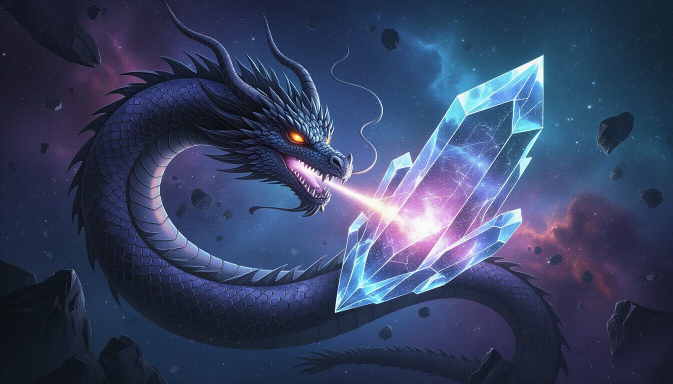 Celestial Dragon Coils Around Arcane Crystal in Cosmic Surre...