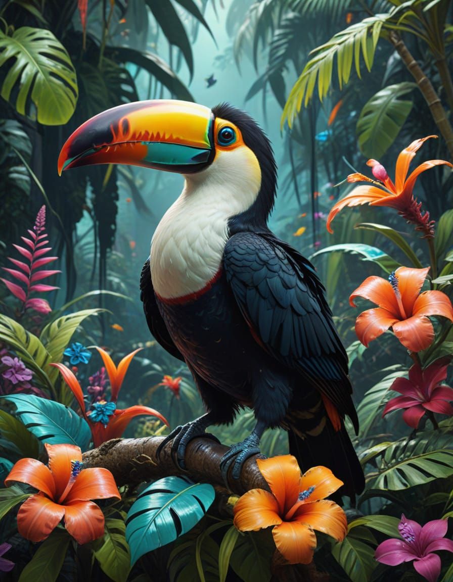 Vibrant Tropical Bird Parade in Splash Art Style