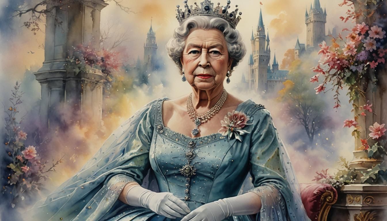 Queen Elizabeth II Watercolor Portrait in Ethereal Style