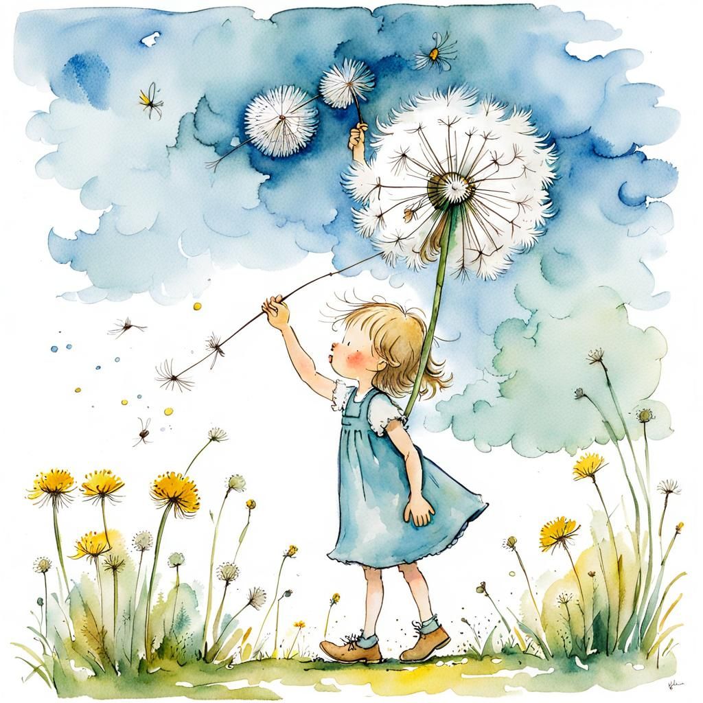 Girl with Dandelion Seeds: Watercolor Illustration