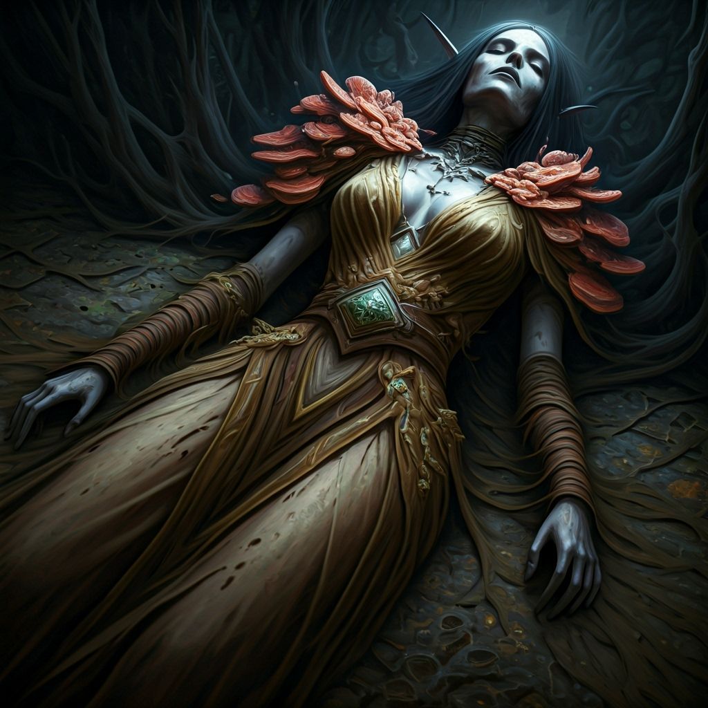 Deceased Dark Elf Covered in Fungi and Mycelium