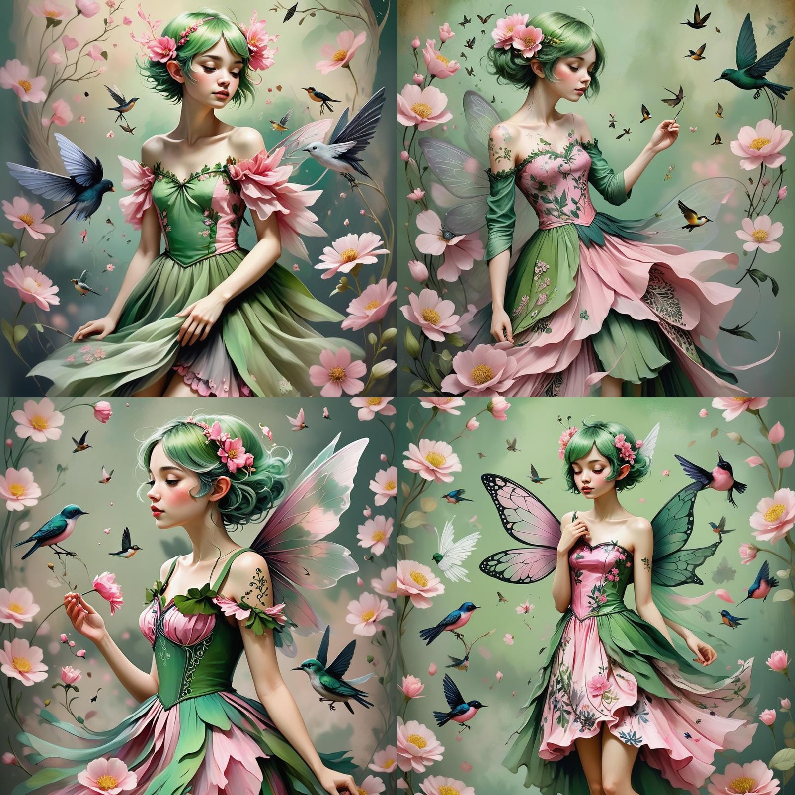 Green-Haired Fairy in Flower Dress, Hyper-Realistic Digital ...