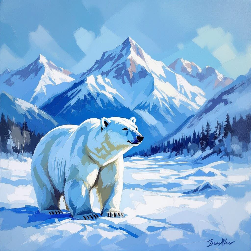 Light Blue Polar Bear in Snowy Mountain Landscape