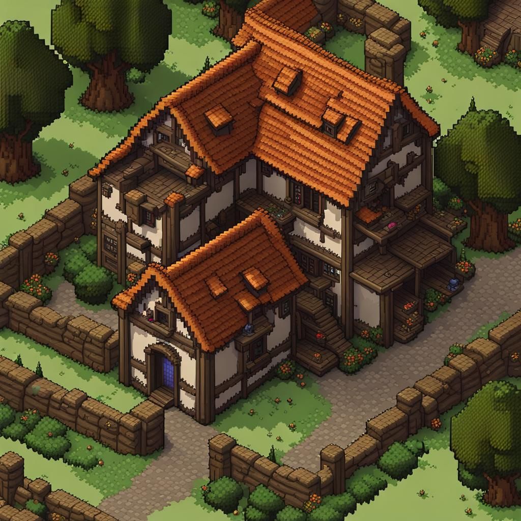 8-bit Pixel Art Medieval House Top View