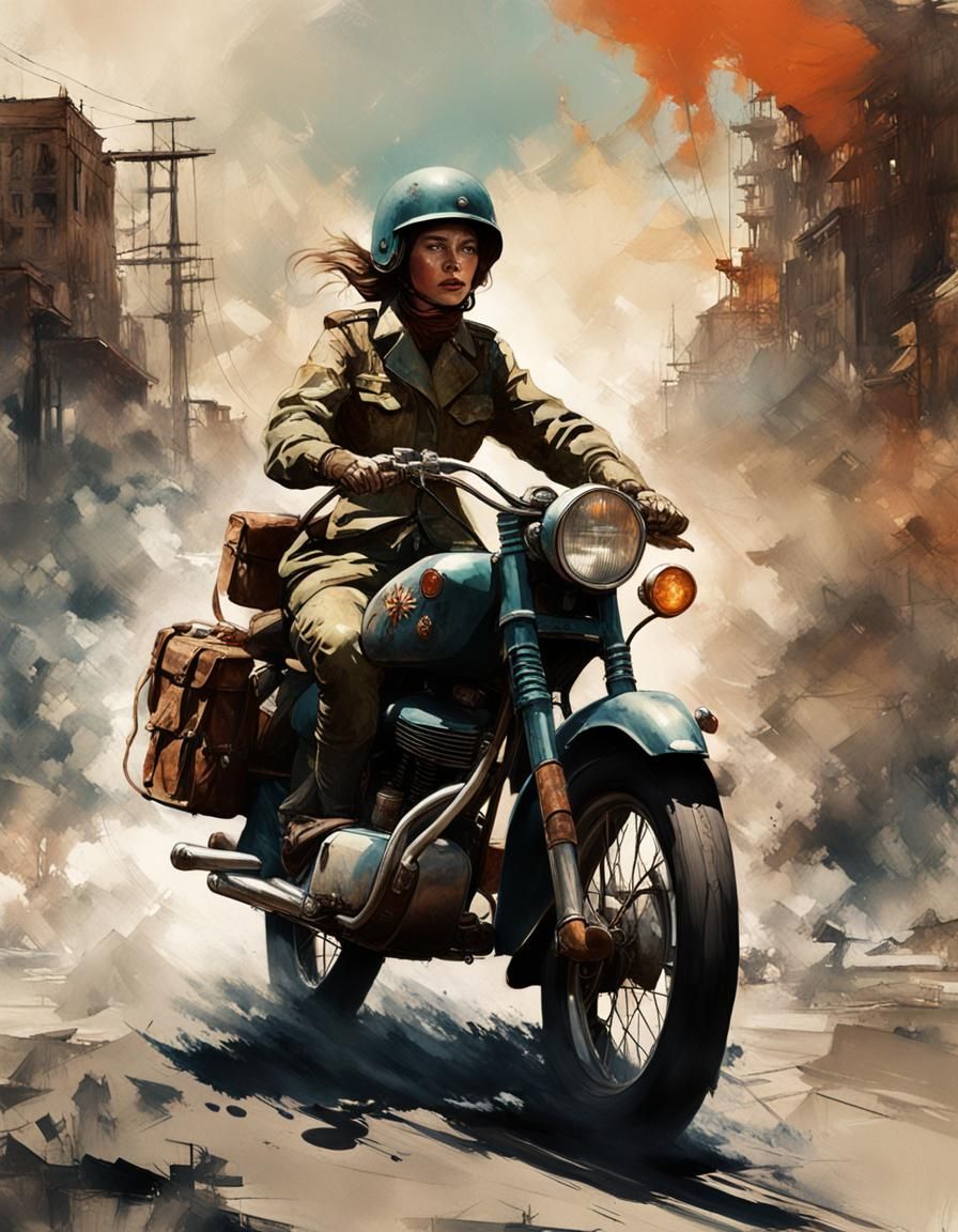 retro , vintage, woman dispatch rider