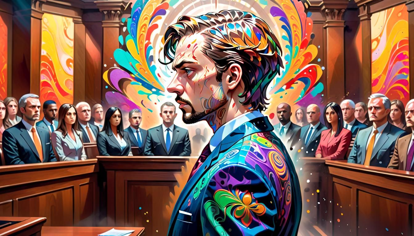 Determined Defendant Stands Tall in Vivid Cyberpunk Courtroo...