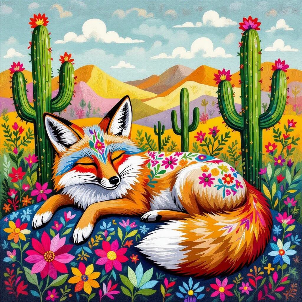 Coyote in Desert Embroidery, Mexican Folk Art