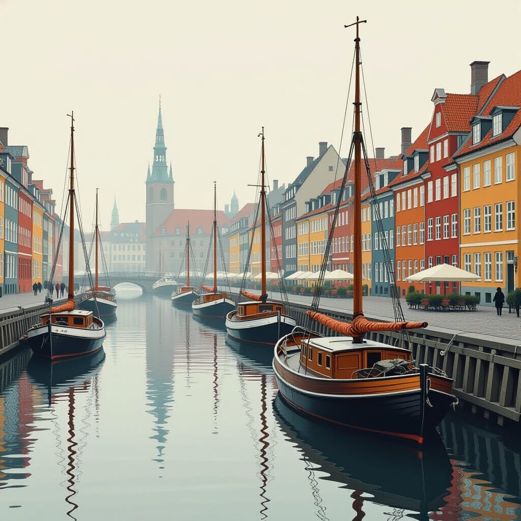 Copenhagen River Scene: Mid-Century Impressionist Style