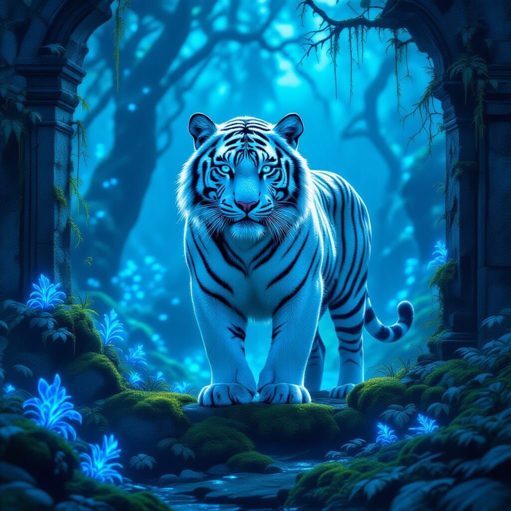 Majestic White Tiger in Ethereal Bioluminescent Forest