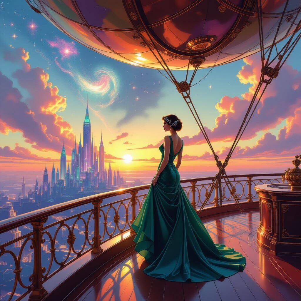 Elegant Woman on Airship Deck at Sunset