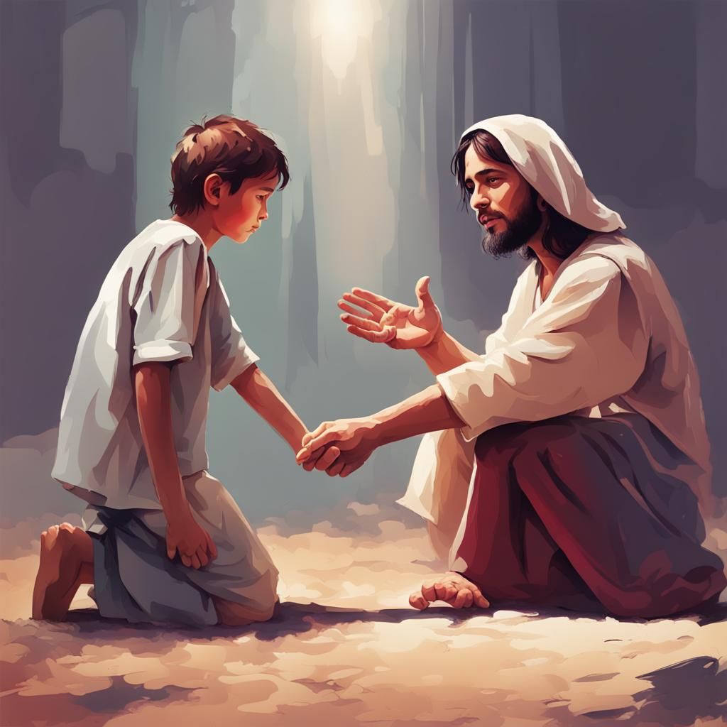 Jesus Comforts Wounded Boy in Modern Setting