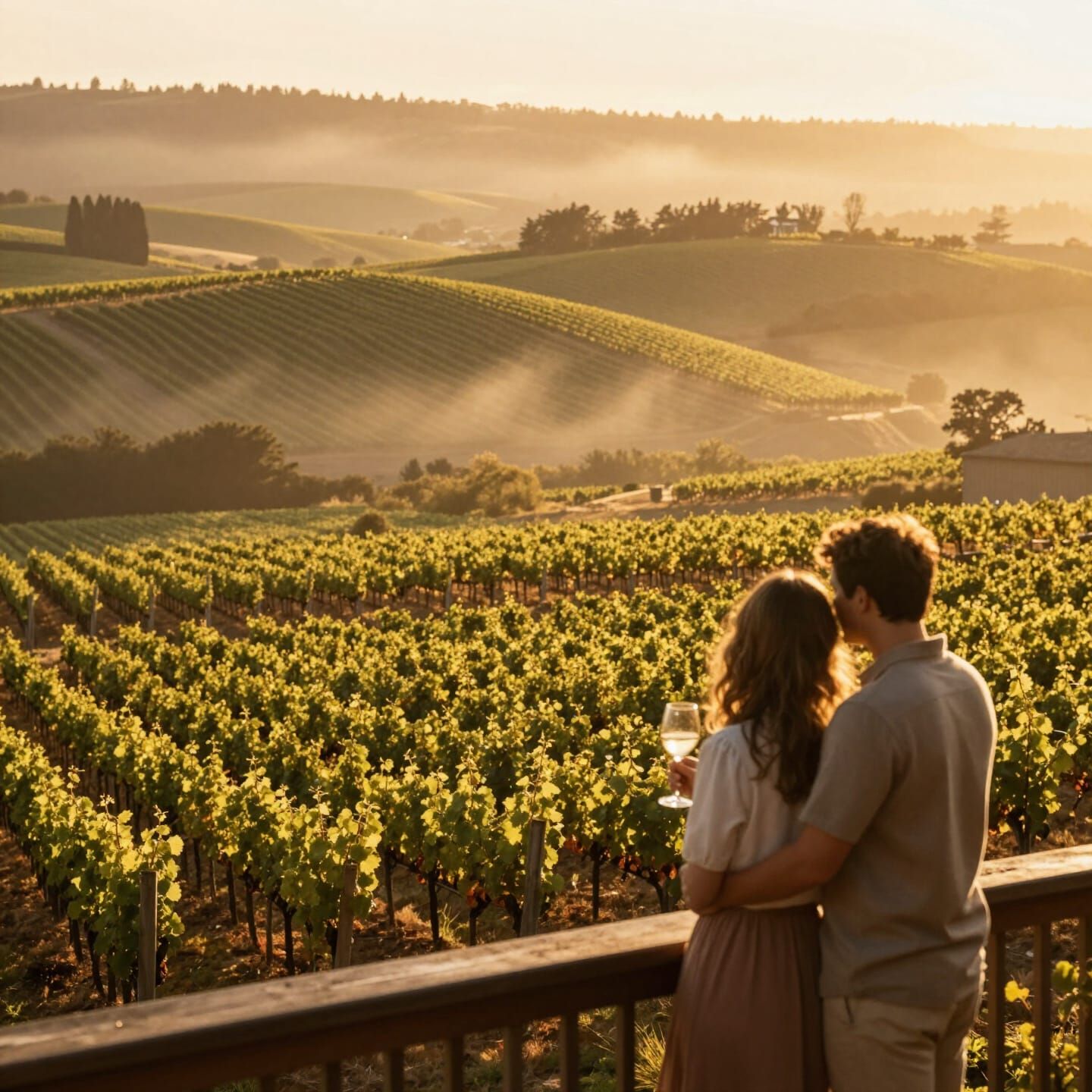 Couple Embraces Over Oregon Vineyard at Golden Hour