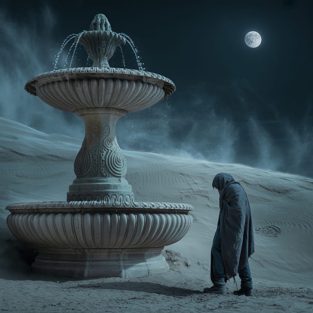 Weathered Fountain in Desolate Landscape Photograph