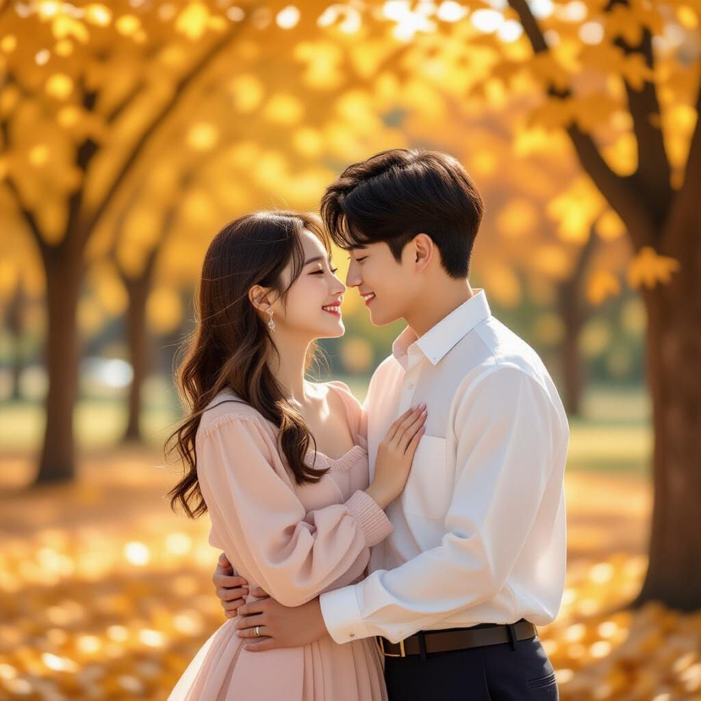Korean Couple in Autumn Park in K-Drama Style