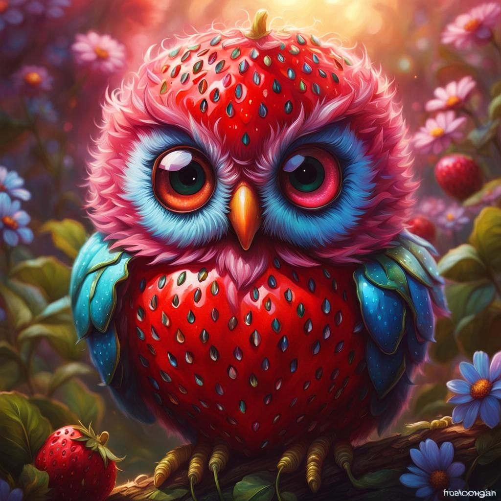 Strawberry Owl: Hyperdetailed Fantasy Art