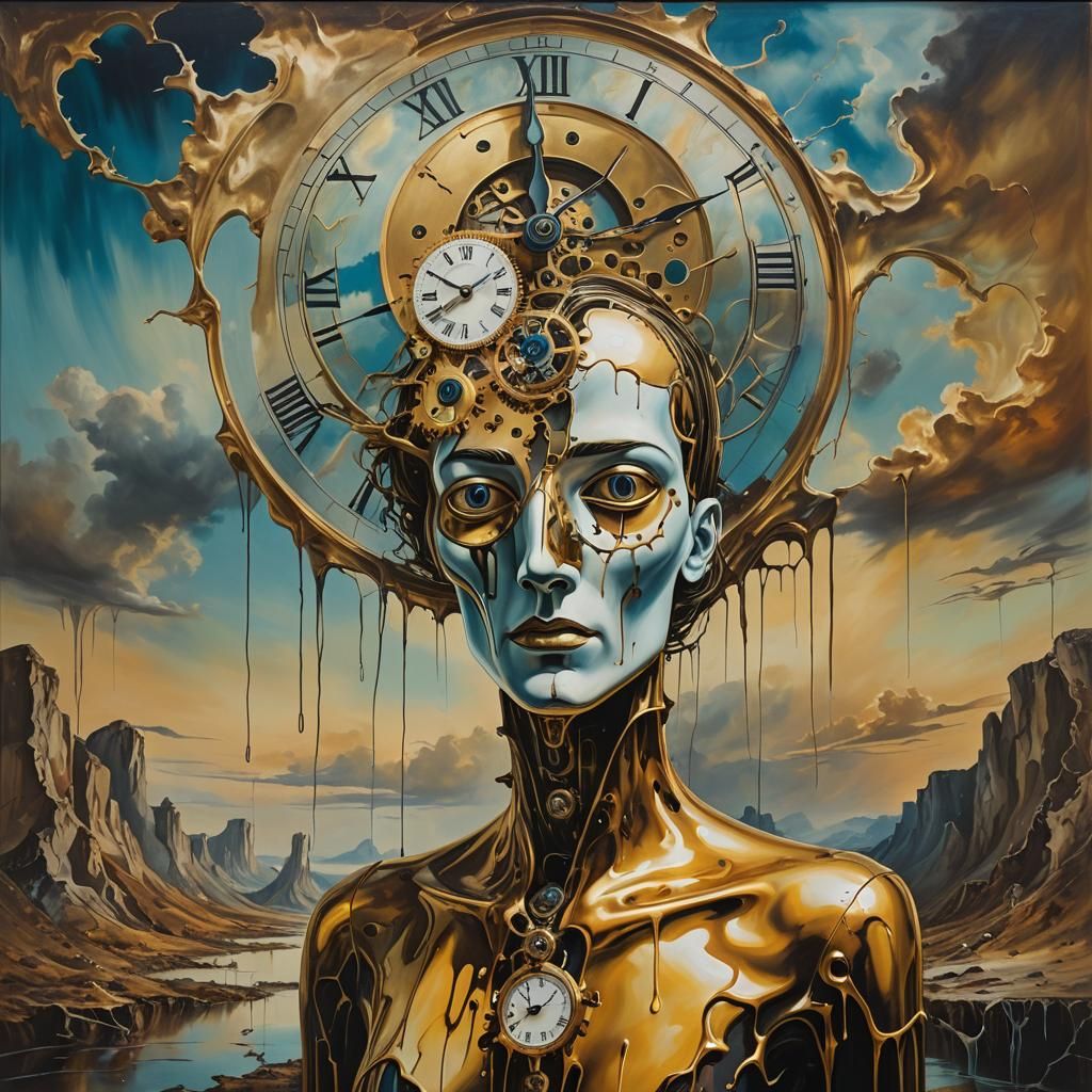 Surreal Mannequin with Melting Clock Face as Oil Painting