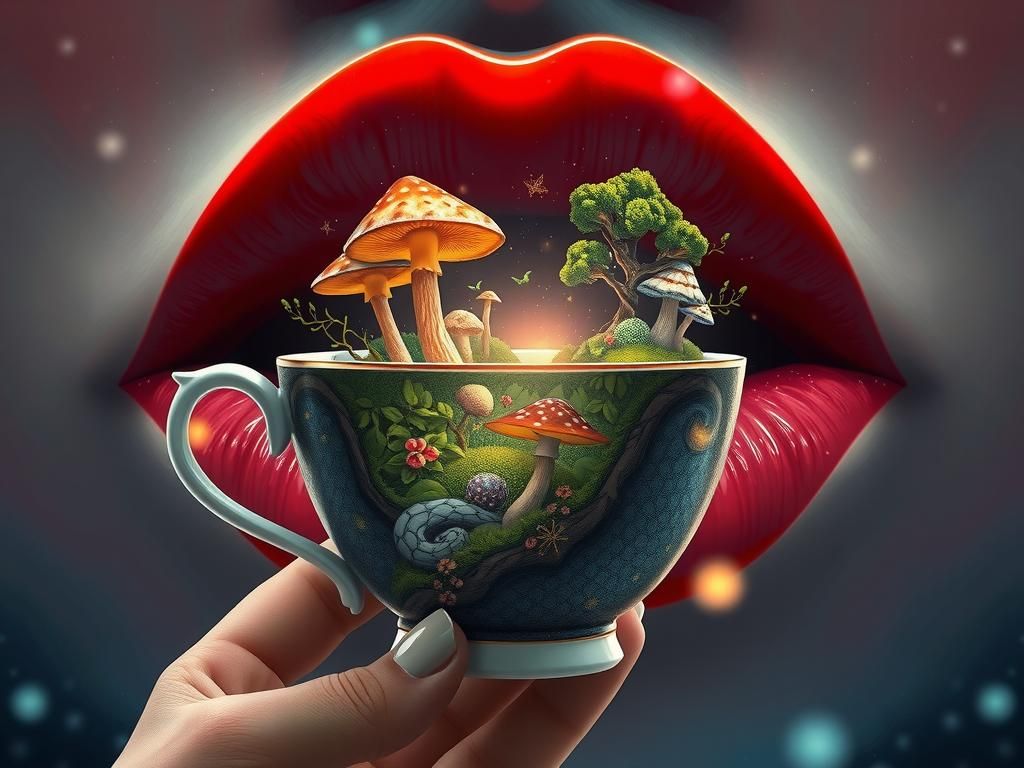 Fairy Forest Teacup Against Red Lips: Detailed Digital Art