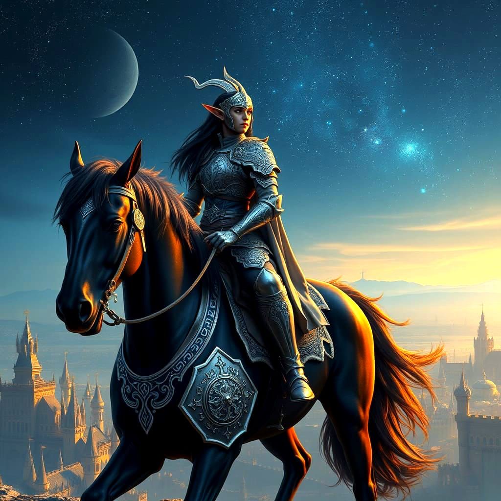 Epic Warrior Elf Sits on Horseback, Gazing Down on a Distant...