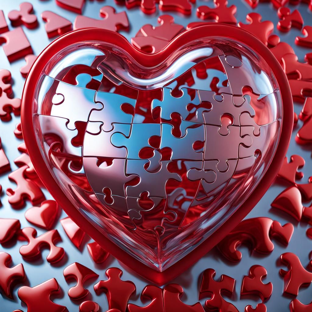 Glass Puzzle Heart in Photorealistic 3D Render