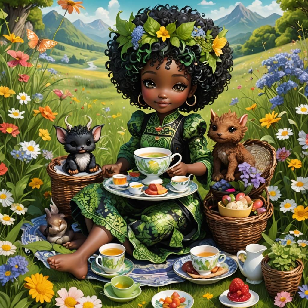 Black Fairy and Dragon Picnic, Impressionist Style