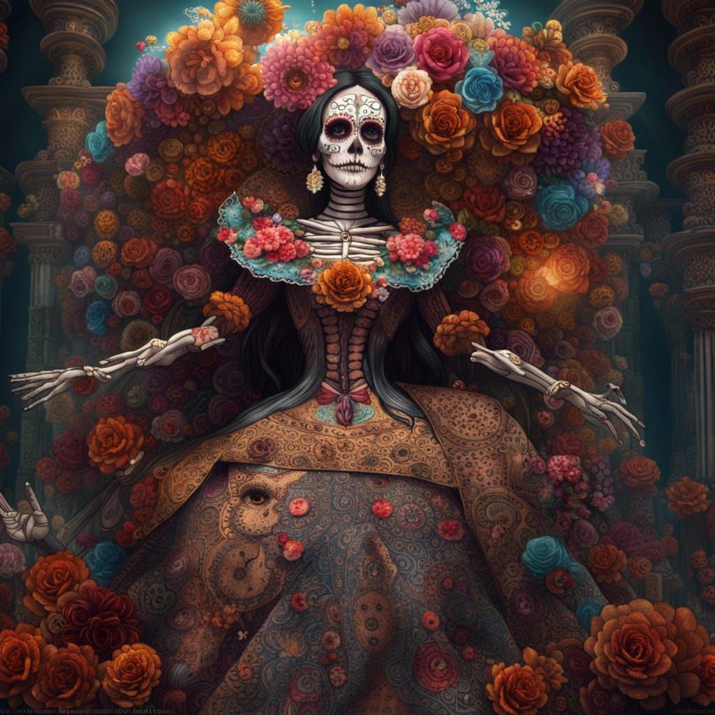 ofrenda de dia de muertos con una monumental catrina al centro, panteon mexicano background; inspired by Awwchang, James...