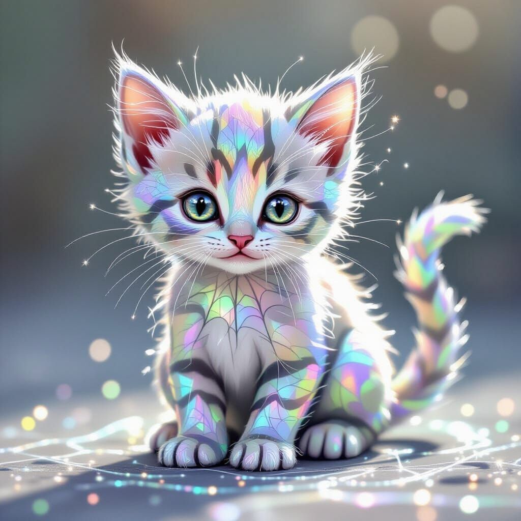 Whimsical Kitten Crafted from Iridescent Spider Web