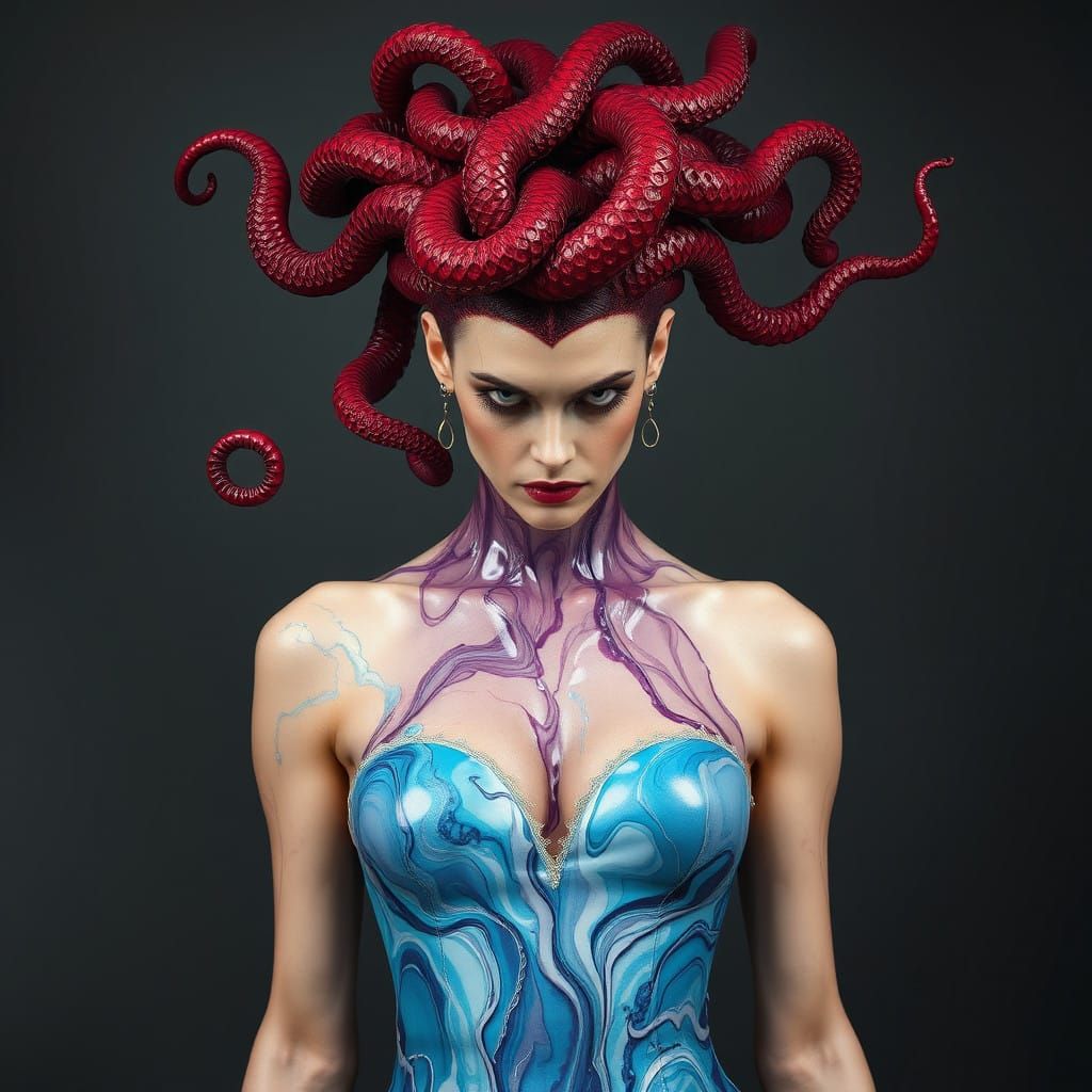 Hyperrealistic Goddess with Shimmering Liquid Dress and Medu...