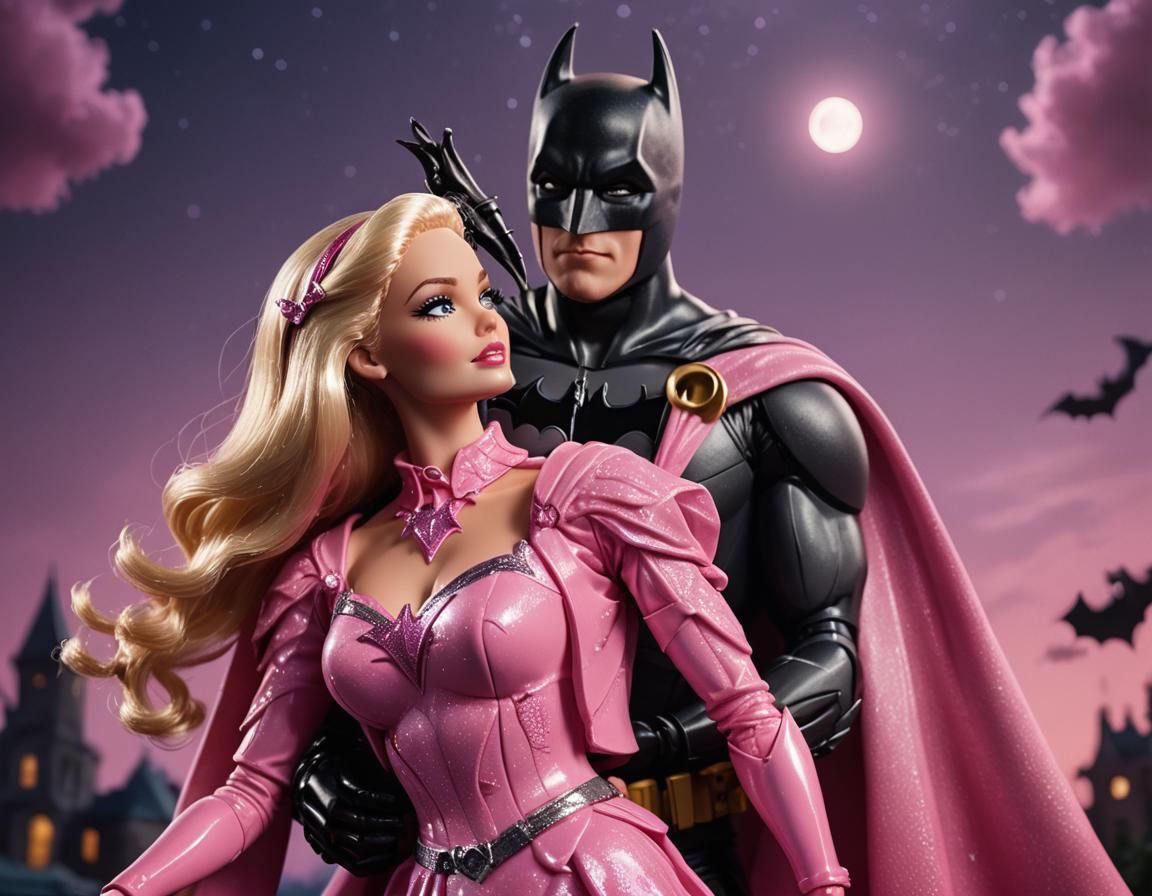 Barbie and Batman Romantic Embrace in Hyperrealistic Style