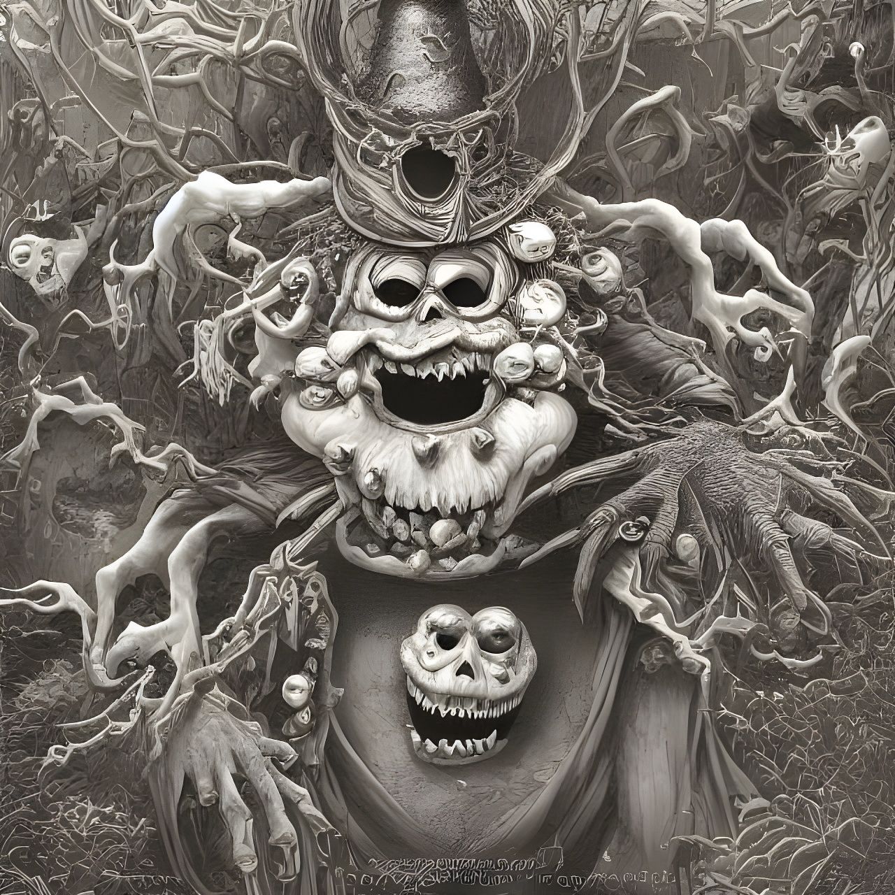 Surreal Halloween Scarecrow Black Ink Drawing