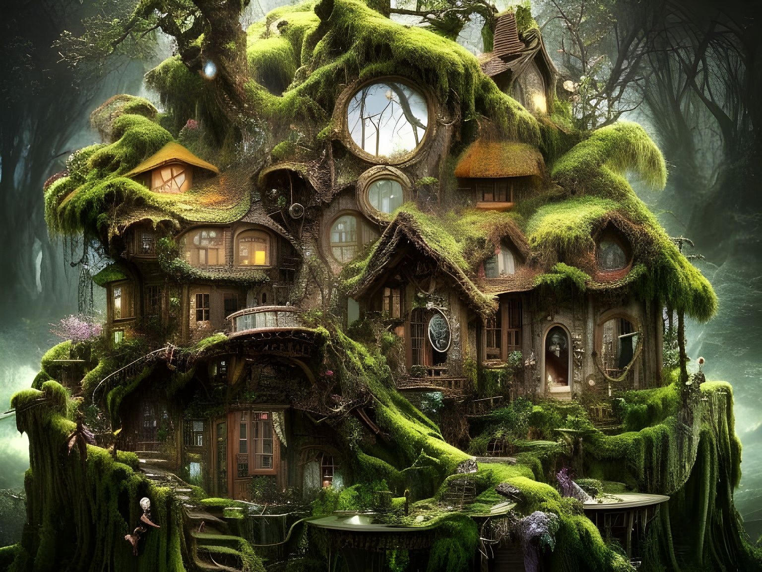 Whimsical Fairy Cottage in Gnarled Tree, Digital Art