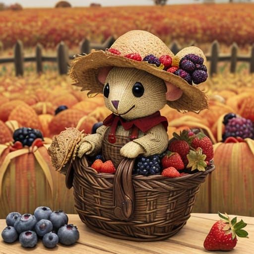 Mouse Enjoys Autumn Harvest Basket With Berries and Scarecro...
