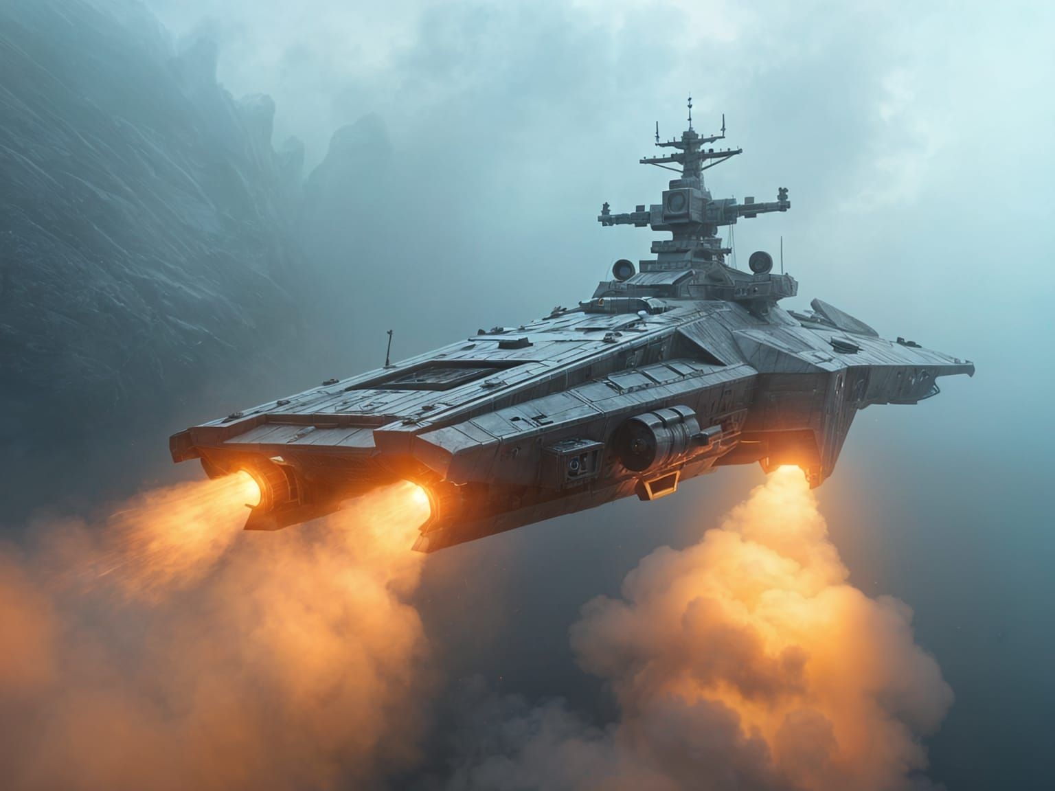 Cyberpunk Warship Emerges from Foggy Battlefield