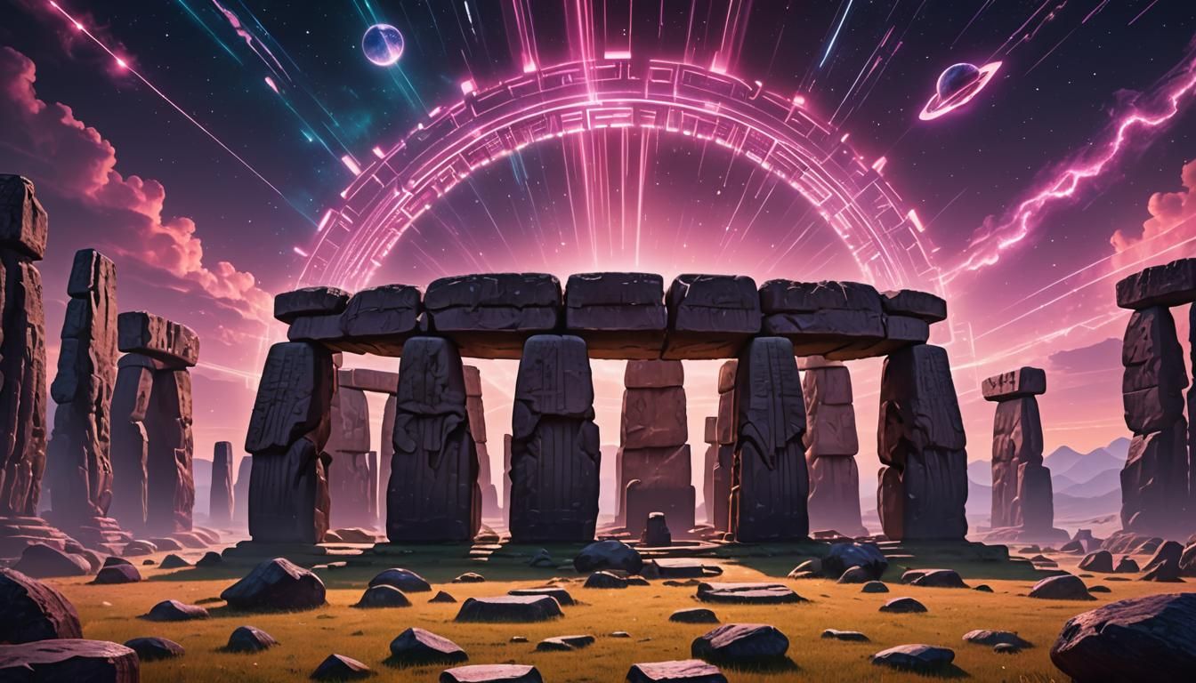 Synthwave Stonehenge with Alien Spaceship