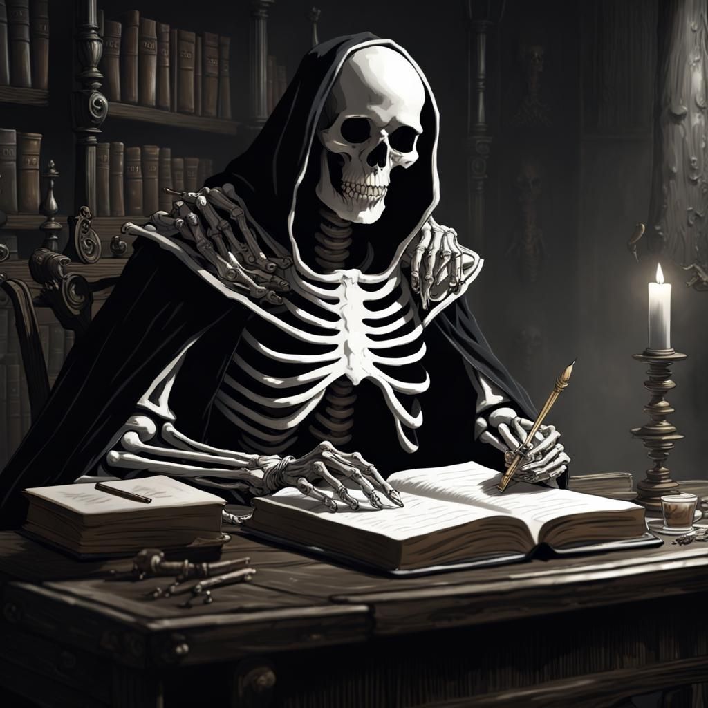 Cowled Skeleton Writes in Book, Dark Fantasy Art
