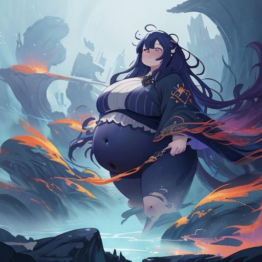 Anime Girl with Big Belly: Detailed Digital Painting