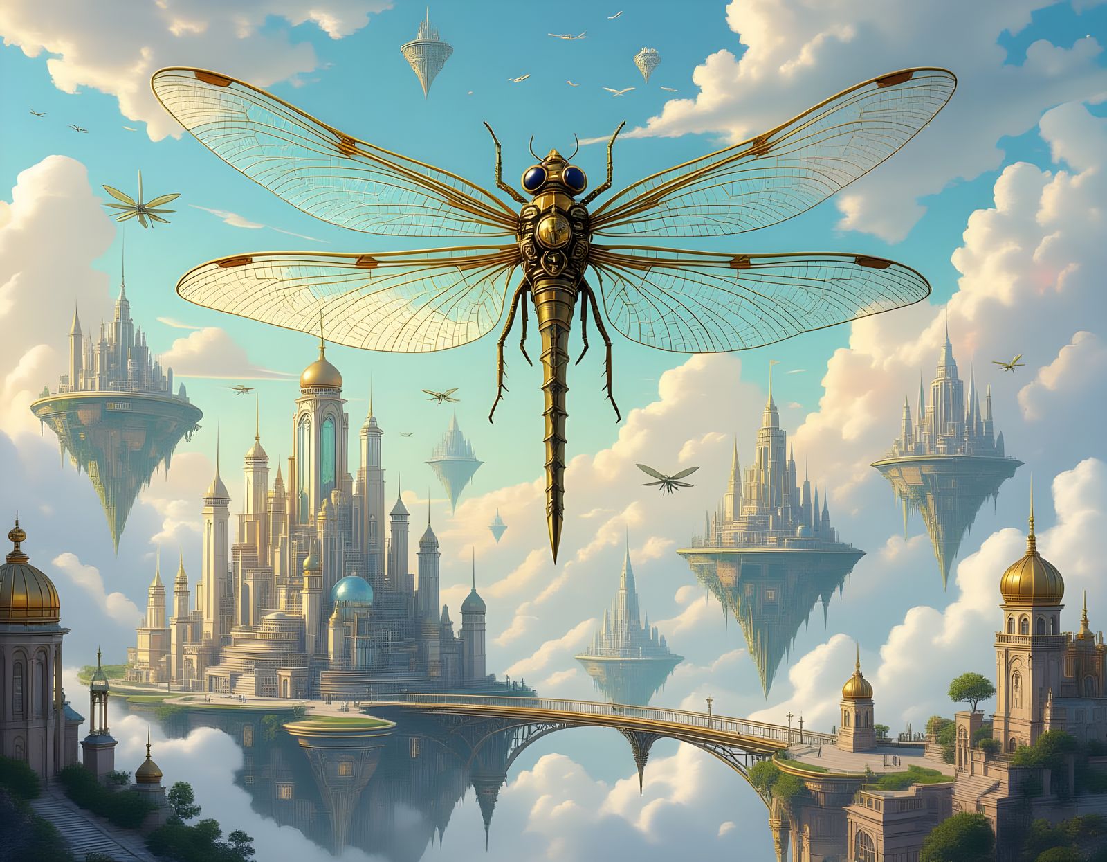 Clockwork Dragonflies Over Crystal City in Synthwave Style
