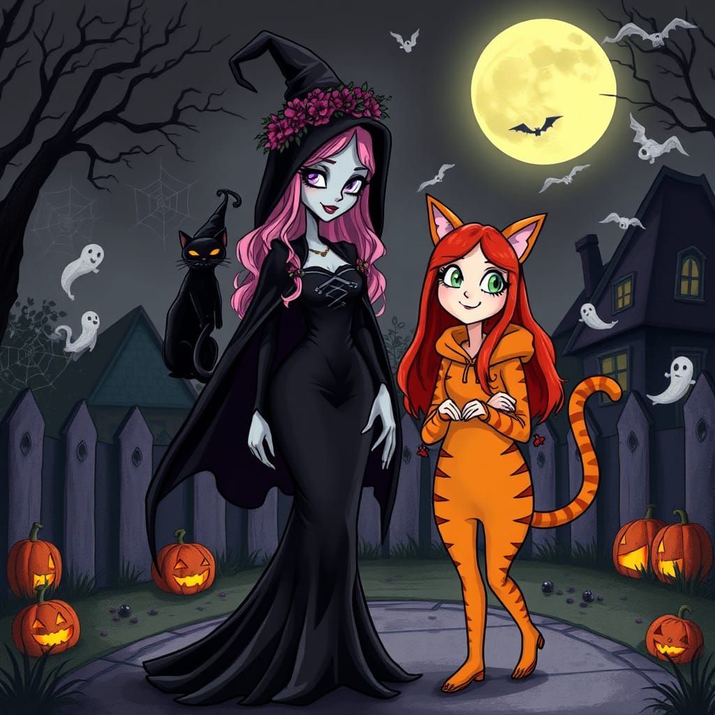 Whimsical Halloween Night with Cat and Witches