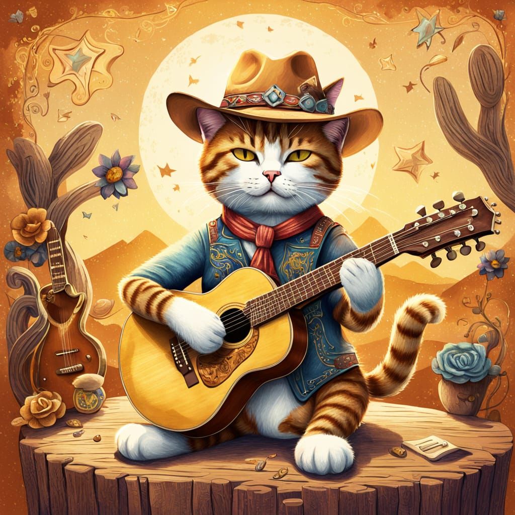 Cowboy Cat Serenades in Warm Western Sunset