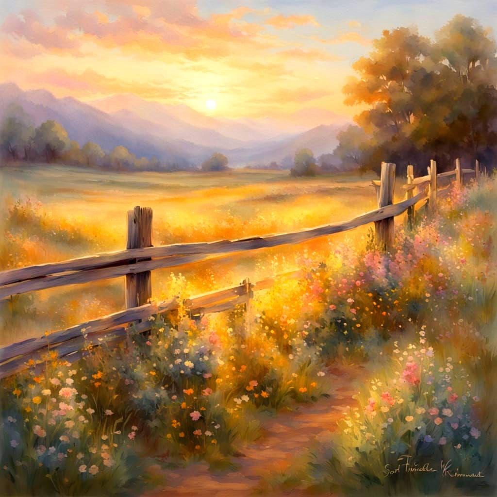 Vintage Watercolor Painting of a Field of Wildflowers