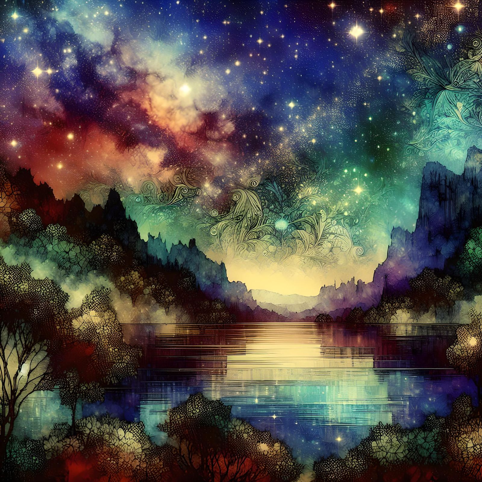 Enchanting Starry Night Lake with Lace Motifs