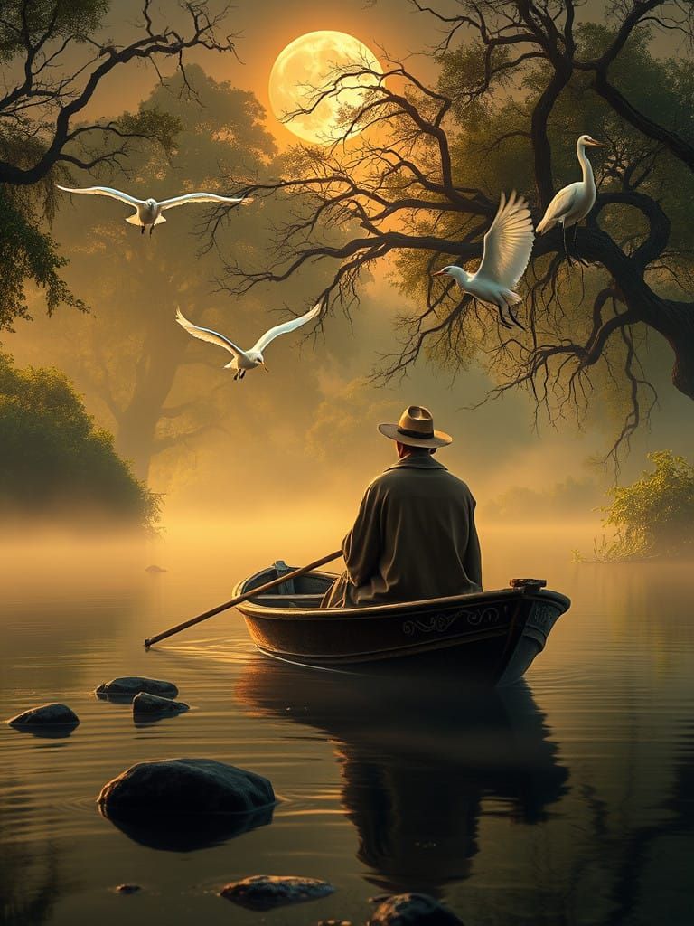 Serene Waterhouse-Inspired Fishing Scene at Sunset